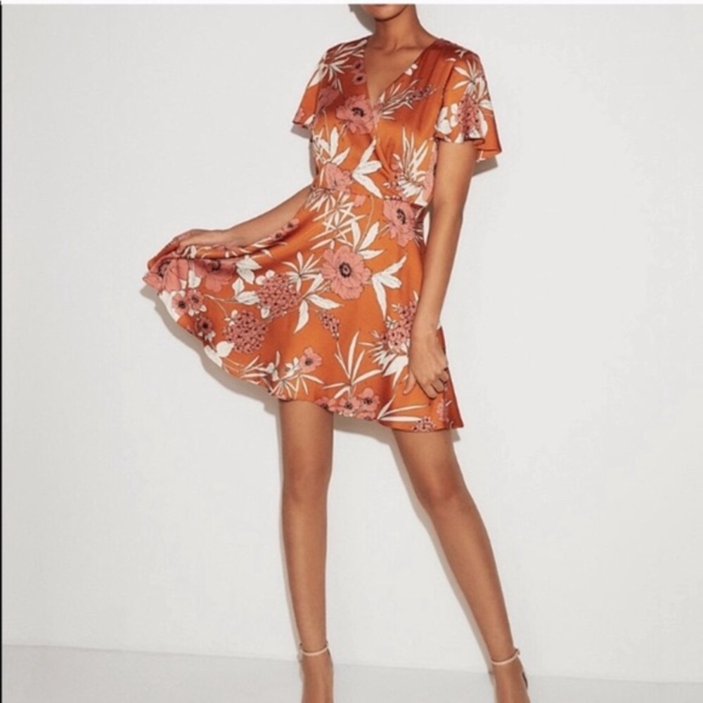 Express Satin Orange and Pink Floral Faux Wrap Dress